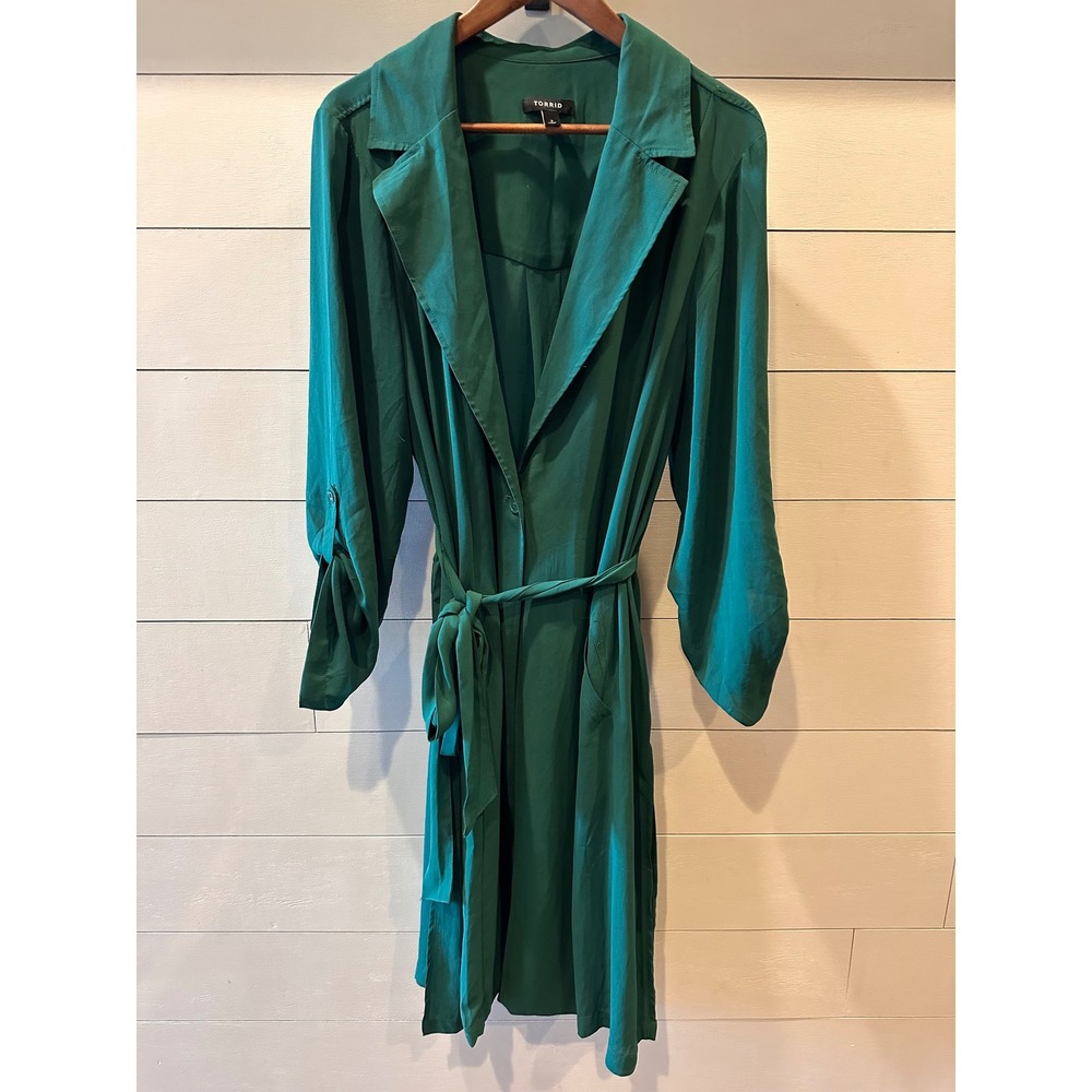 Torrid Emerald Green Chiffon Duster Jacket Roll Tab Sleeve Belted Size 2 2X